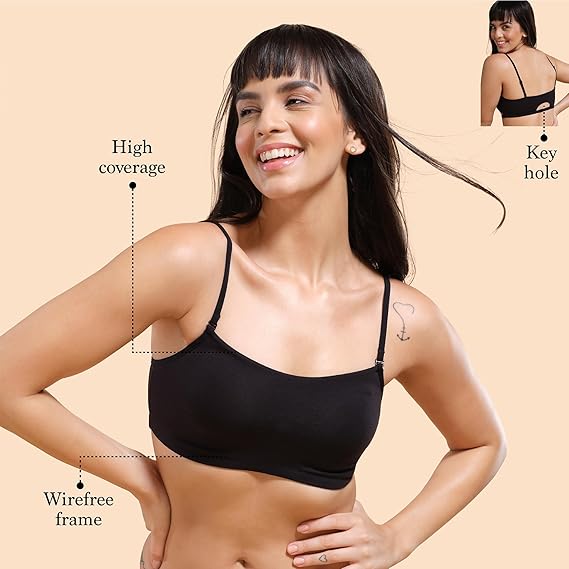 Enamor Moulded Double Layer Cotton Cami Bra – Detachable Slim Straps, Back Keyhole, Non-Padded, Wirefree, High Coverage A022
